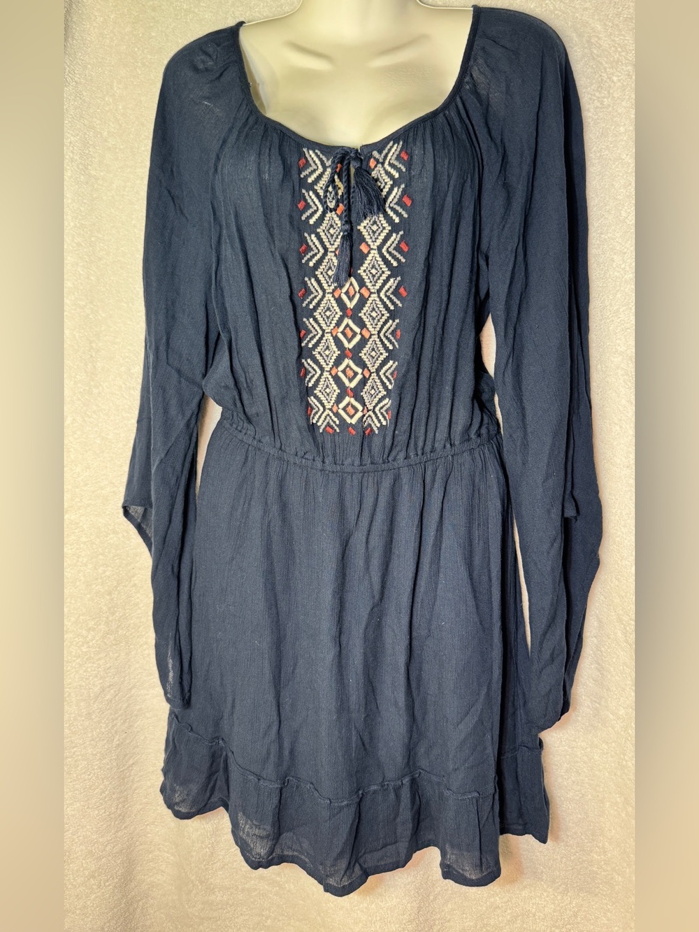 Hollister Navy Long-Sleeve Embroidered Peasant Dress